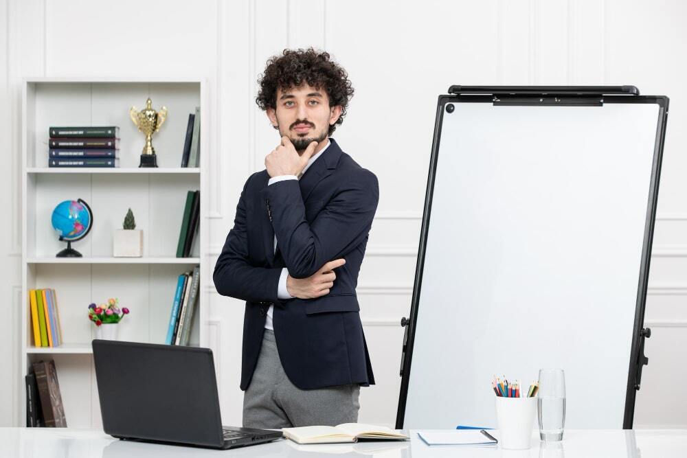 A person standing confused holding an empty signage board (A person contemplating on what should be the purpose of the signage board)