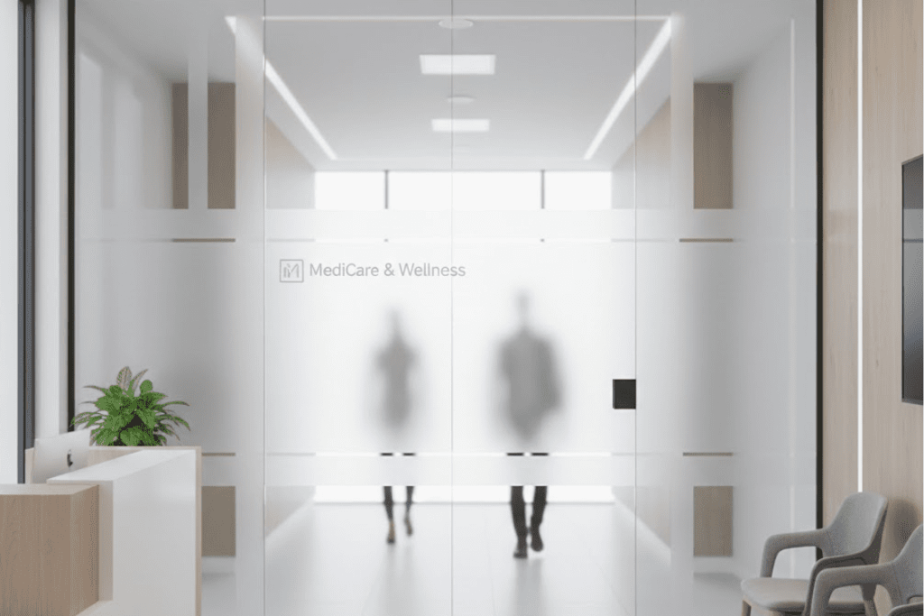Professional window frosting service application with a logo on clinic glass doors, balancing natural light and patient privacy.)