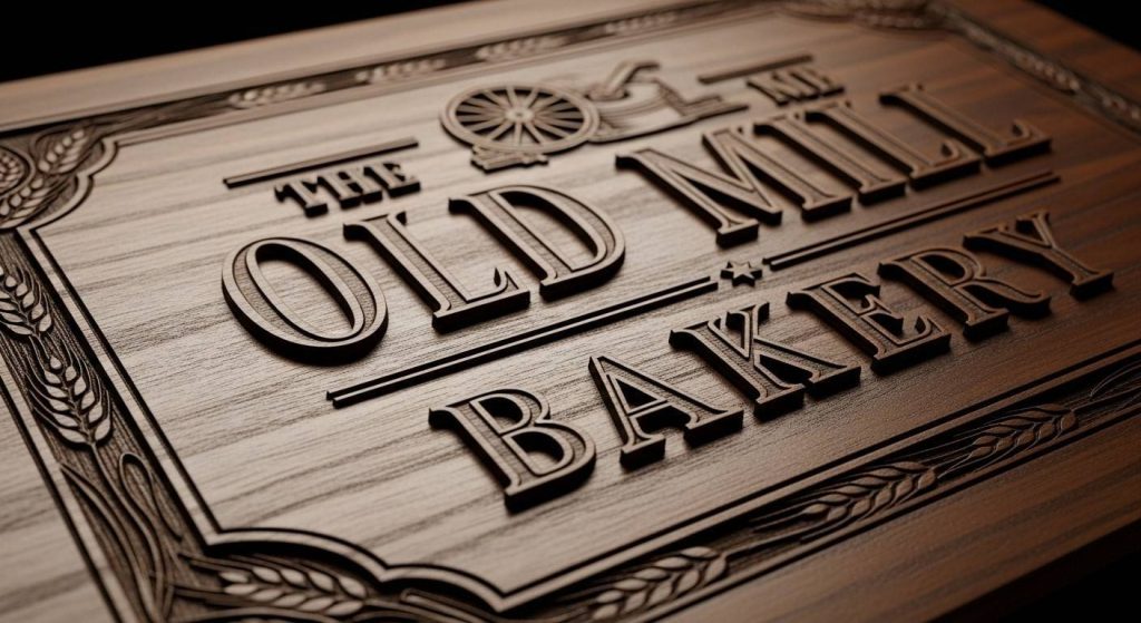 Close-up of a 3D engraved shop sign for a UK bakery on a wooden panel.