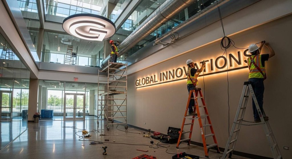 (Digital multi-floor signage screen displaying interactive maps and floor directories for building visitors in a commercial building.)multi-floor signage