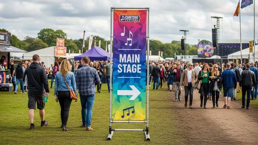 Directional portable outdoor signage in the form of banner at a busy UK festival.