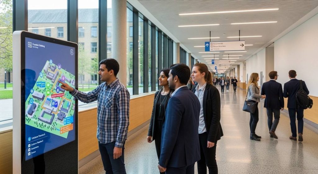 Visitors using corridor wayfinding signage in a large UK university, showing people following arrows and checking room numbers while navigating efficiently.