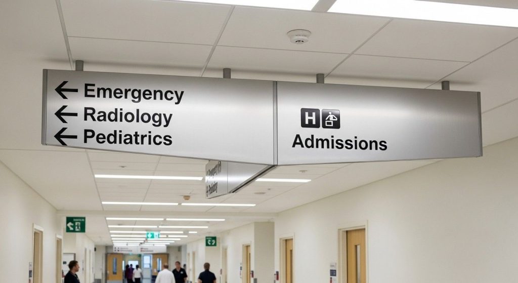 (Indoor wayfinding signage in a UK hospital corridor showing clear directional arrows, floor numbers, and department names to guide visitors efficiently.)wayfinding signage