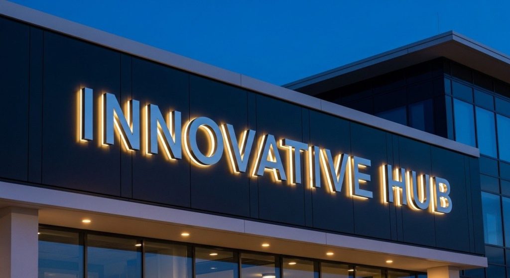 (Close-up of illuminated 3D built-up letters mounted on a modern office building exterior in the UK, showing material finish and depth.)commercial signage