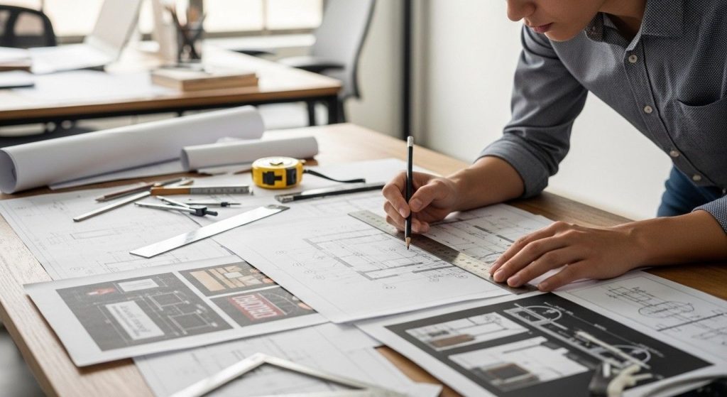 (Architectural drawings of a shopfront sign layout spread across a desk with measuring tools representing signage planning.) UK signage regulations