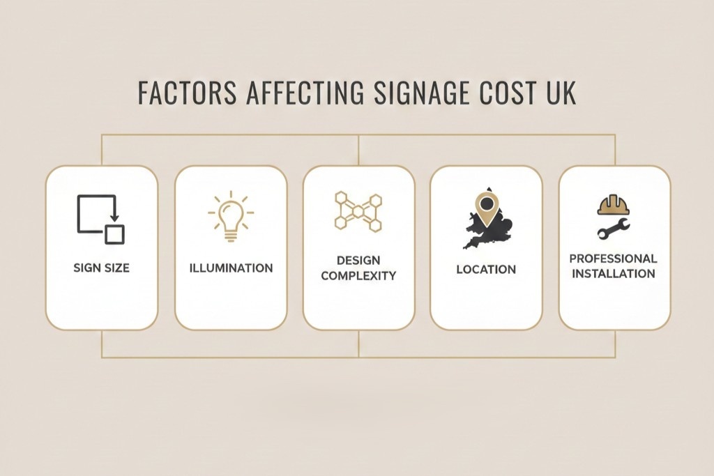 (Infographic showing the main factors that influence the cost of business signage UK including size, materials, illumination, design, location and installation,)cost of business signage UK