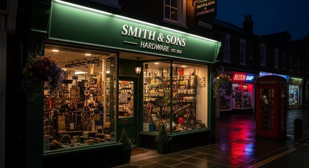 (Shop in the UK with an LED lightbox sign above the entrance, providing even illumination across the fascia panel at night.) shop front signage ideas