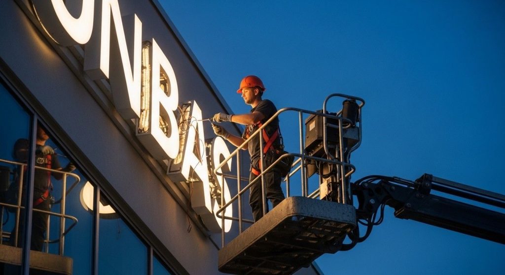 Signage professional installing an illuminated shop sign in the UK, highlighting the importance of expert installation in overall costs.