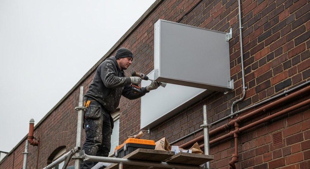  Professional installation of an aluminium outdoor sign on a UK building façade, showing secure fixings and positioning for maximum visibility.