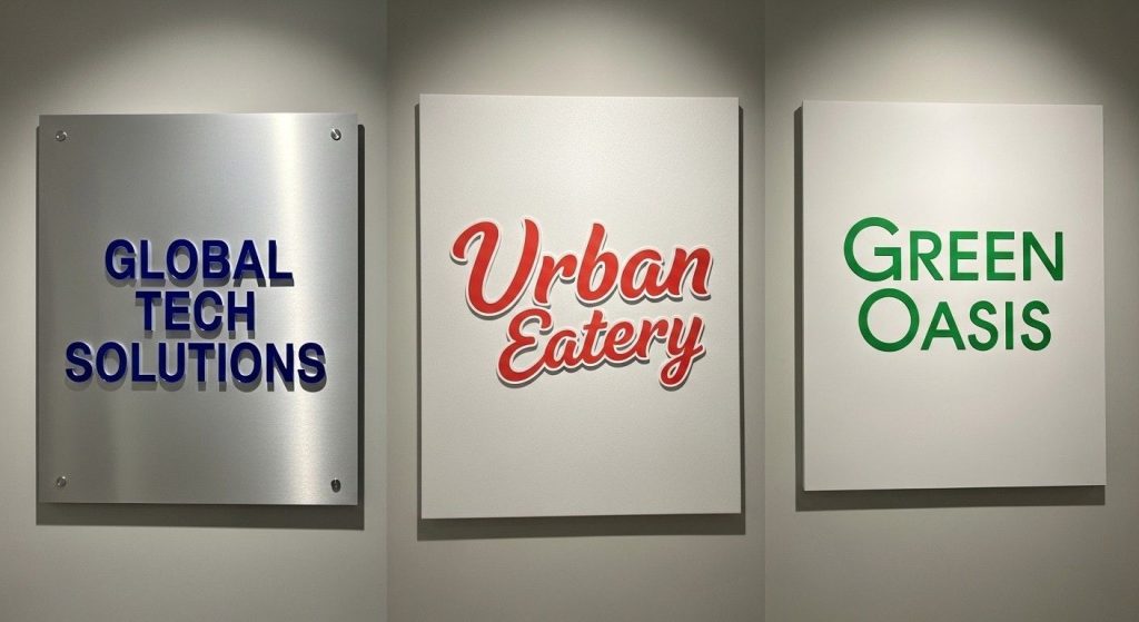 (Comparison of durable materials for outdoor signs including aluminium composite panel, foamed PVC panel, and UV resistant vinyl graphics.) weatherproof signage