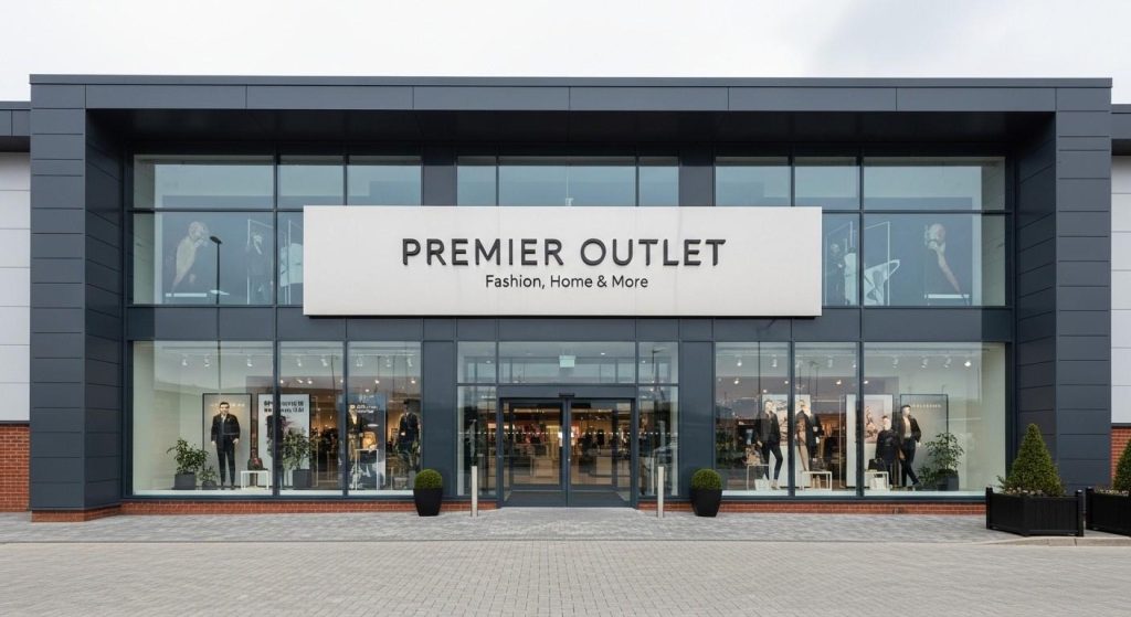 Premium retail park unit in the UK with a brushed metal sign mounted above the entrance with elegant font and visible colours.