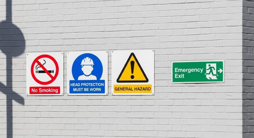 (Wall displaying four standard UK safety signs including a red prohibition sign, blue mandatory sign, yellow warning triangle, and green exit sign.) UK signage regulations