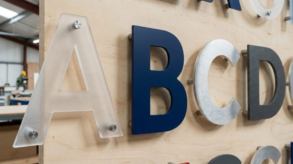 (Acrylic letters and aluminium letters with brushed and powdercoat finishes, demonstrating material options for 3d sign and 3d illuminated letters.)3d sign and 3d illuminated letters