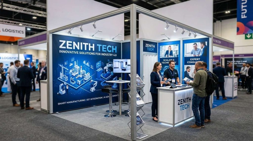 Fabric exhibition display stand featuring high-quality printed graphics over an aluminium frame, highlighting smooth, wrinkle-free presentation for trade shows.