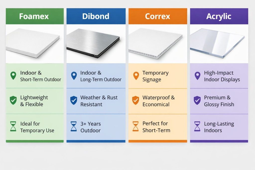 Infographic comparing common signage materials including Foamex, Dibond, Correx, and acrylic for indoor and outdoor use and durability.