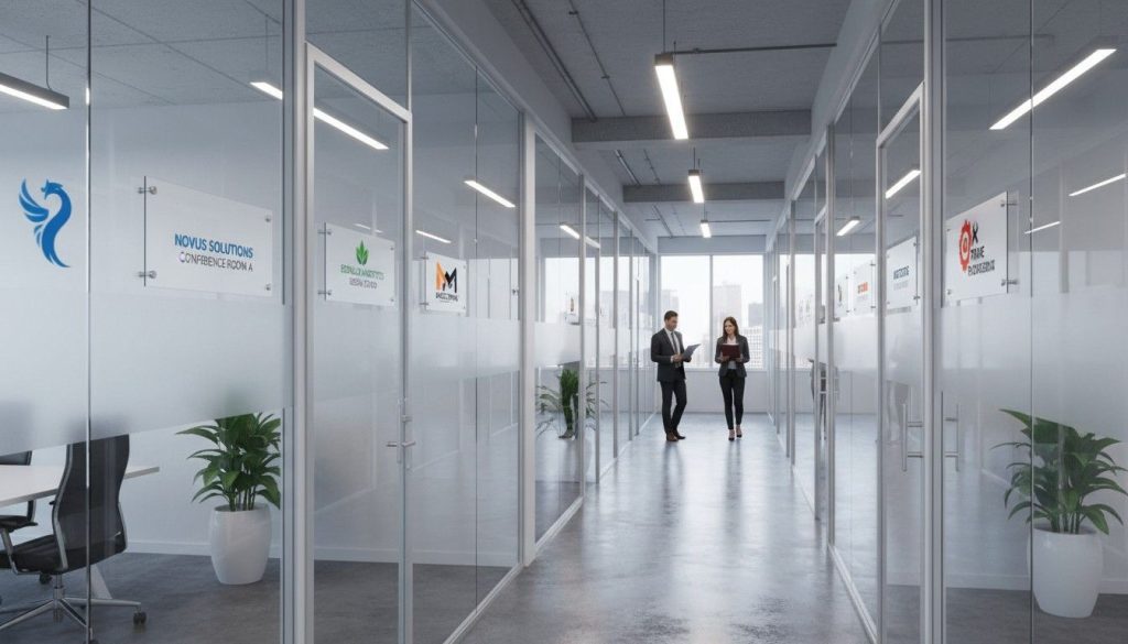 Variety of acrylic office door signs displaying logos and room names along a modern office corridor, enhancing branding and wayfinding.