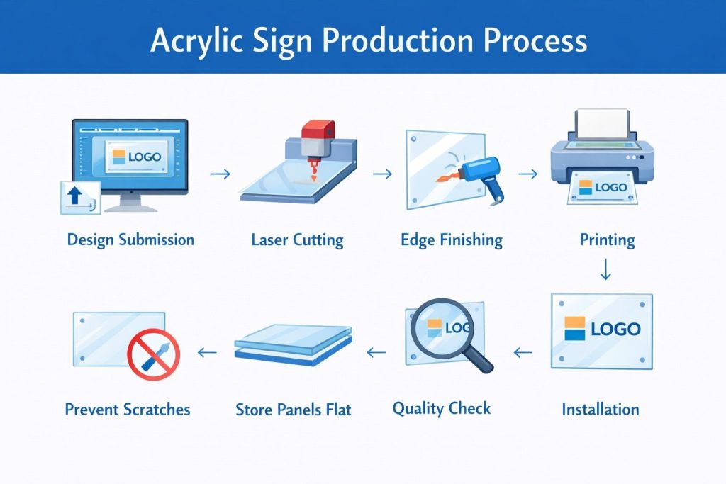 ( Infographic illustrating the production steps: design submission, laser cutting, edge finishing, printing with white ink, quality check, and installation. )acrylic business sign