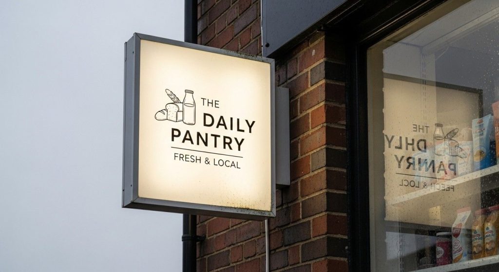 Slim LED lightbox sign mounted on a UK shop wall providing uniform illumination for visibility and branding.
