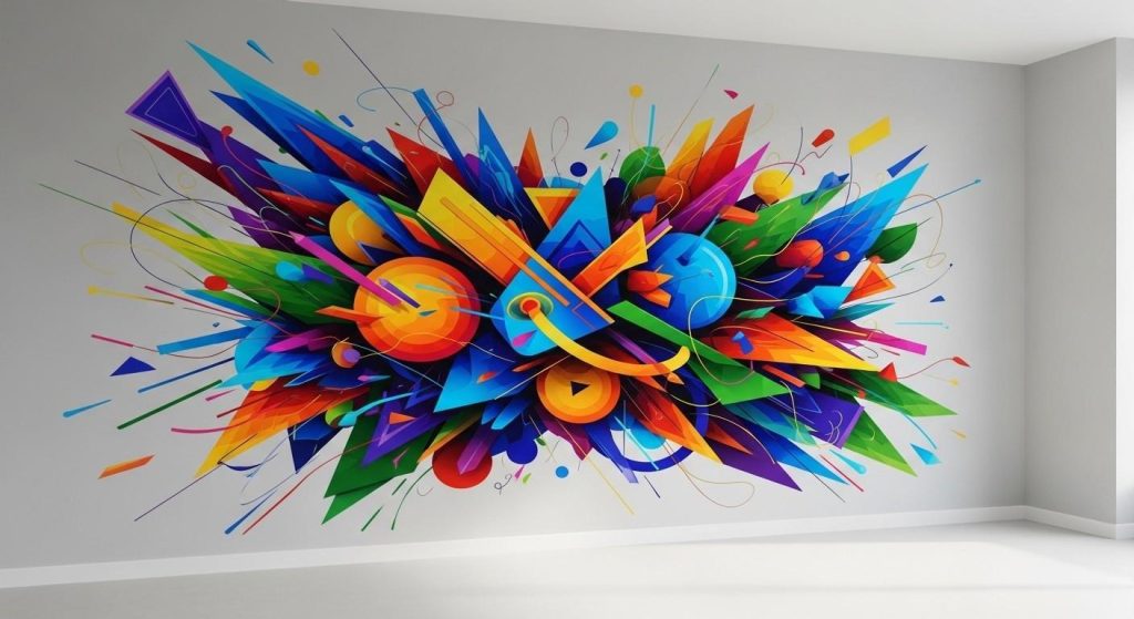  Bold abstract office wall art print displayed in a contemporary office, with natural light from a nearby window illuminating the artwork and enhancing colour and depth.
