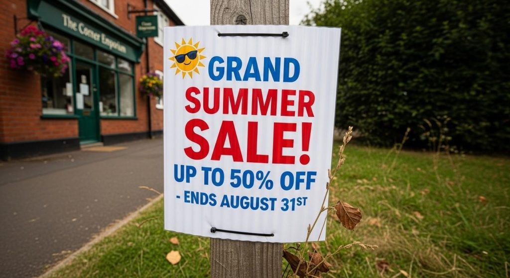 Temporary outdoor Correx sign installed on a post outside a UK business for a special promotion