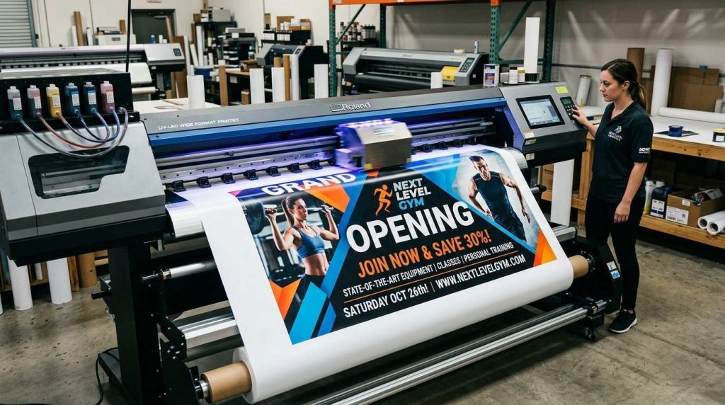 Custom printed PVC promotional banner being produced on a large format printer, showing vibrant colours and professional quality.