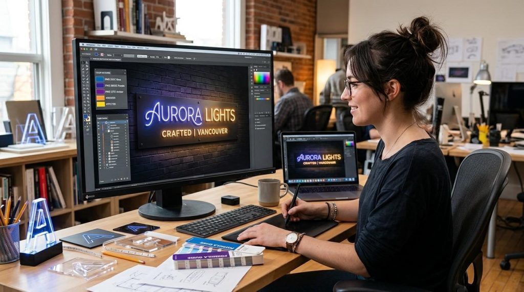 Designer preparing a custom backlit signage mockup with LED lighting and brand colour matching for a business logo.