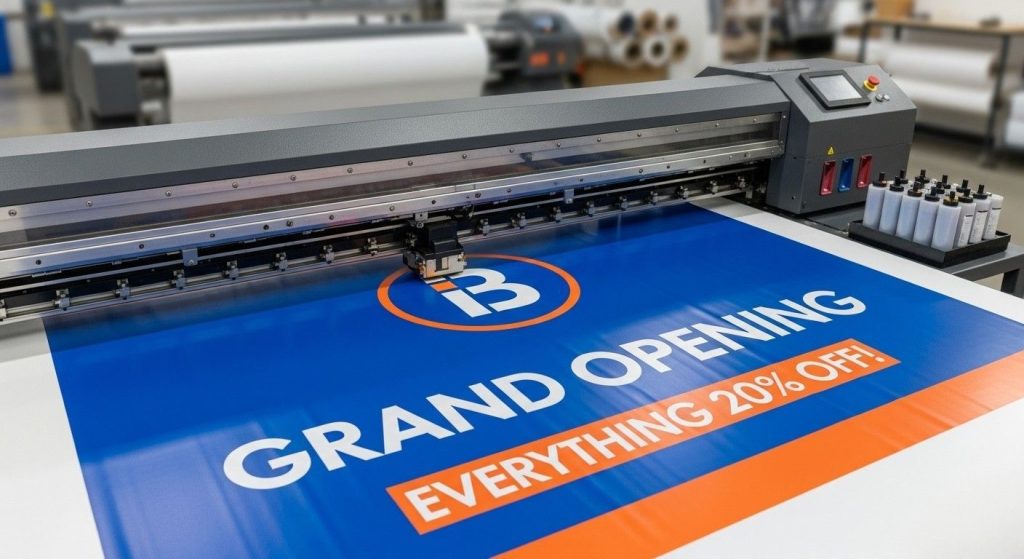 Wide-format printer printing a large banner for indoor retail display with brand colours and logo visible.