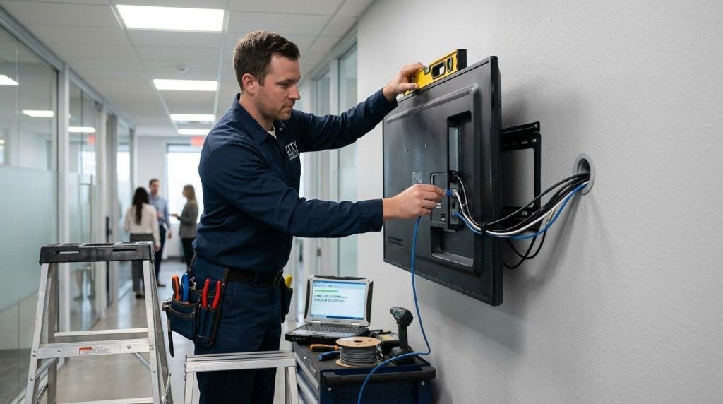 Technician professionally installing a wall-mounted digital display, ensuring proper alignment, wiring, and connectivity.
