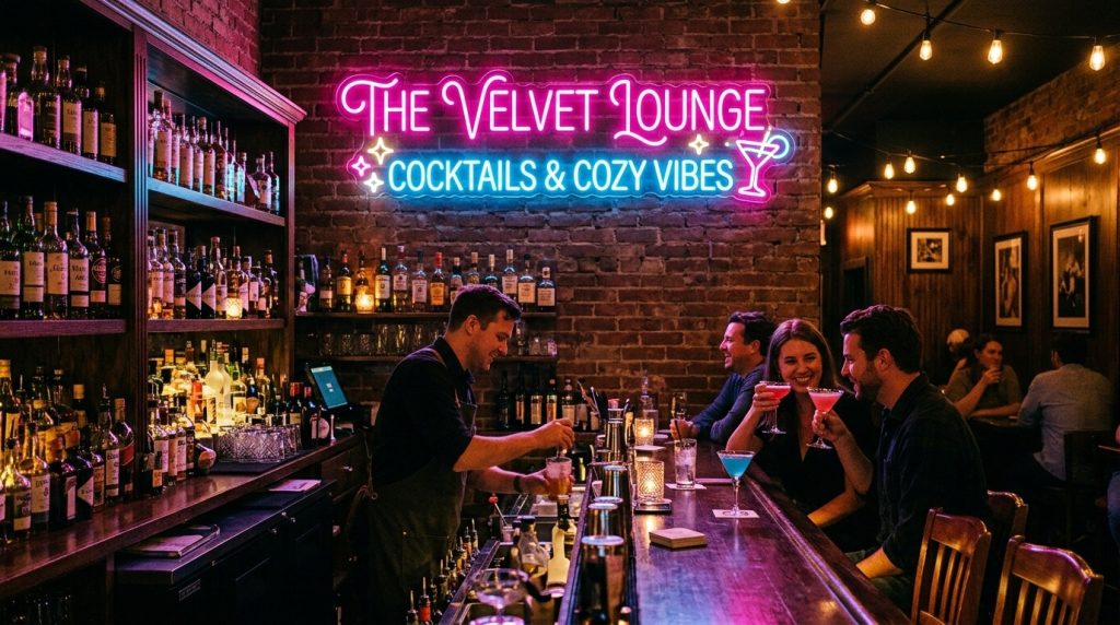 Vibrant custom LED neon bar sign glowing above a small bar, creating a cosy and stylish atmosphere with bright pink and blue colours.