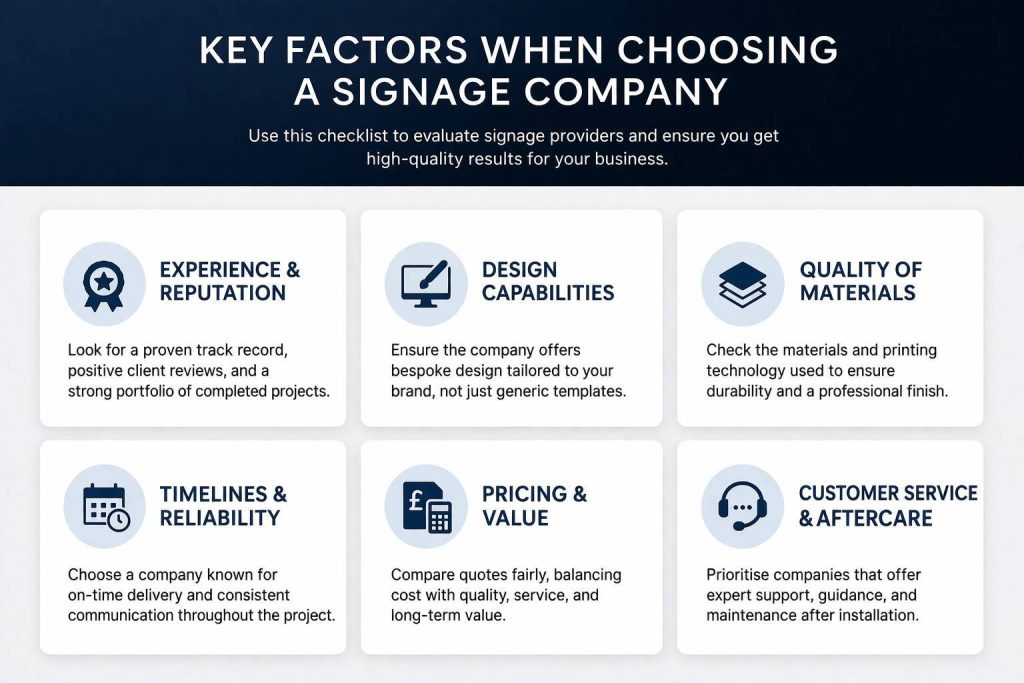 Checklist infographic illustrating key factors for selecting a signage company, including experience, materials, design, pricing, and customer service.