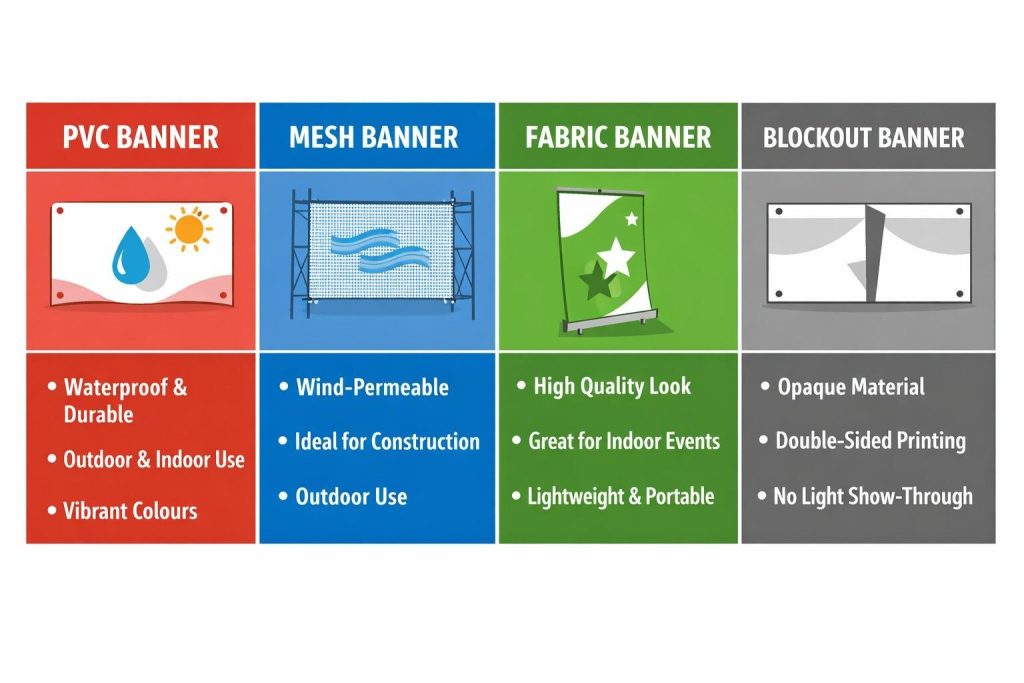 (Infographic comparing promotional banner materials: PVC, mesh, fabric, and blockout, highlighting indoor/outdoor use, durability, and appearance quality.)promotional banners
