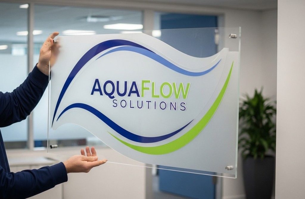 Laser cut custom acrylic sign in unique shape displaying a company logo, ready for mounting in an office space.