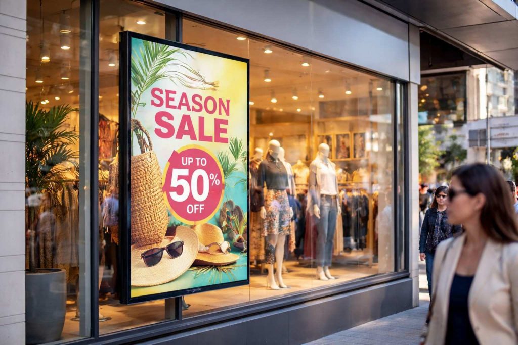 (High brightness digital signage screen mounted on a shop window, clearly visible in bright sunlight with customers passing by.)digital signage​ companies