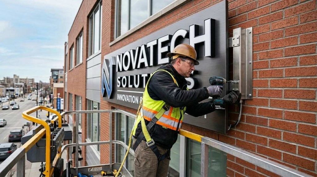 Outdoor signage installation showing durable materials and expert workmanship by a UK signage company.