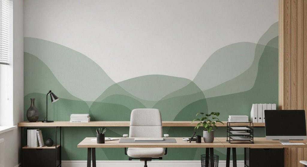 (Workspace with calming nature wall art behind the desk, paired with plants and minimal desk accessories to create a relaxed and productive environment.)office wall art​