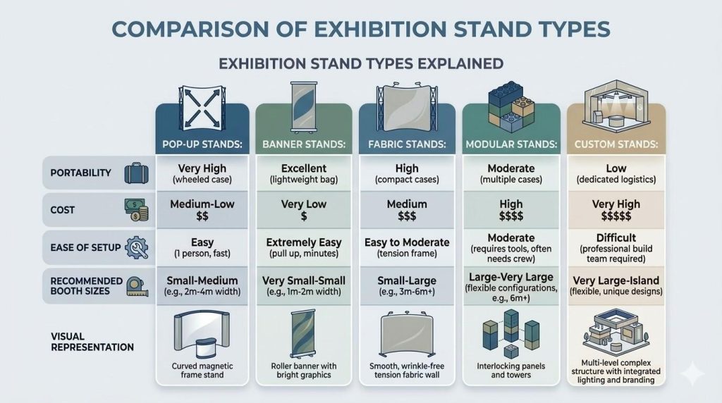 ( Infographic comparing exhibition stand types including pop-up, banner, fabric, modular, and custom stands with cost, setup, and booth size guidance.) exhibition display stands