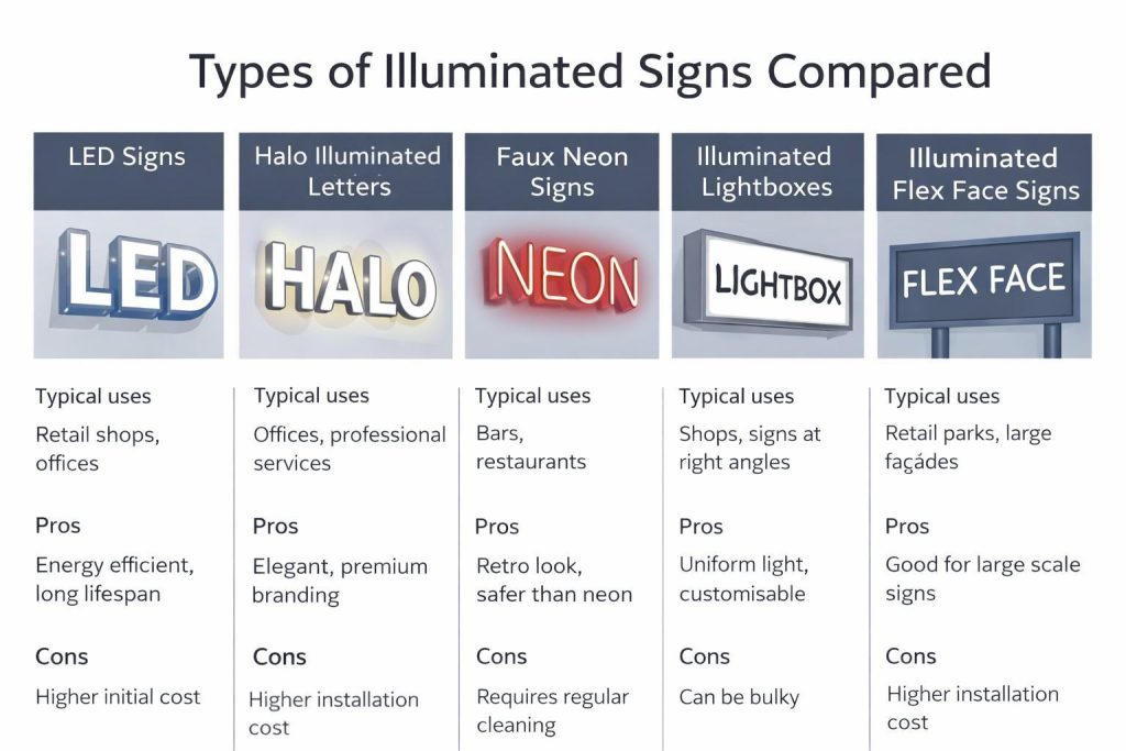 (Infographic comparing illuminated sign types including LED signs, halo letters, faux neon, lightboxes and illuminated flex face signs, showing typical uses, pros and cons.)illuminated signs
