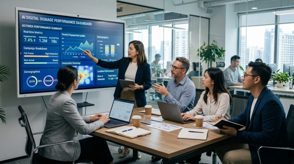 Business team analysing AI digital signage performance data on a dashboard to improve marketing strategy and customer engagement.
