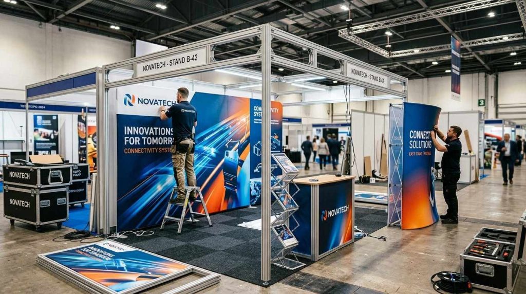 Modern modular exhibition stand being assembled with aluminium frame, printed graphics and pop up exhibition display system.