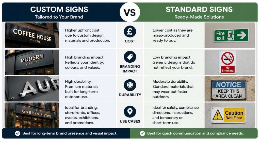 Comparison of custom signs and standard signs showing differences in cost, branding impact, durability, and usage scenarios for UK businesses.