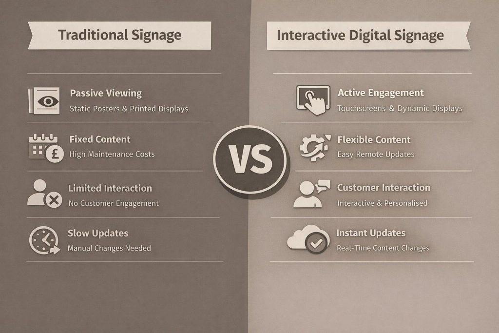 A side-by-side comparison infographic showing traditional signage vs interactive digital signage highlighting differences in engagement, cost, flexibility, and customer interaction.