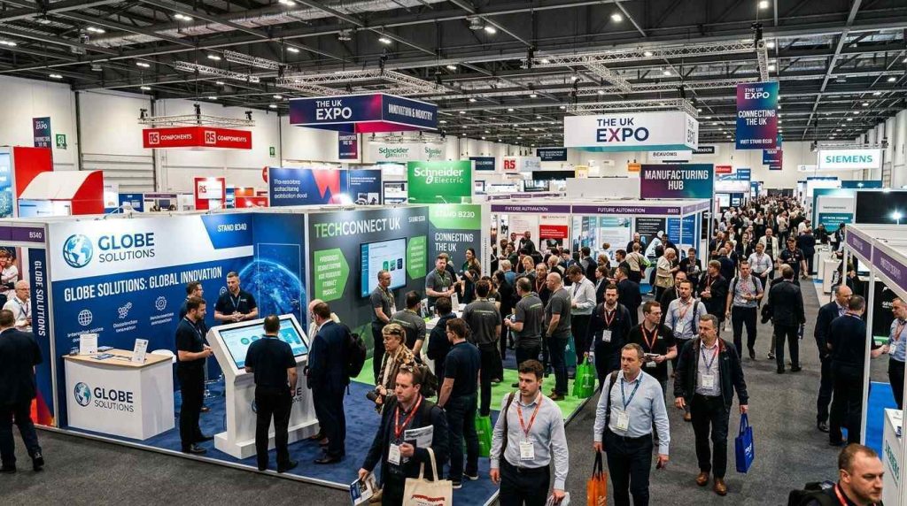 Crowded UK exhibition hall showing multiple exhibition display stands attracting visitors to different trade show booths.