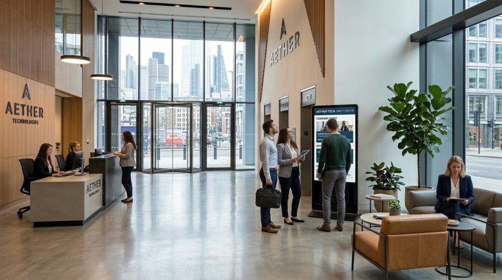 Freestanding digital signage in a corporate office lobby displaying news, updates, and engaging content for visitors.