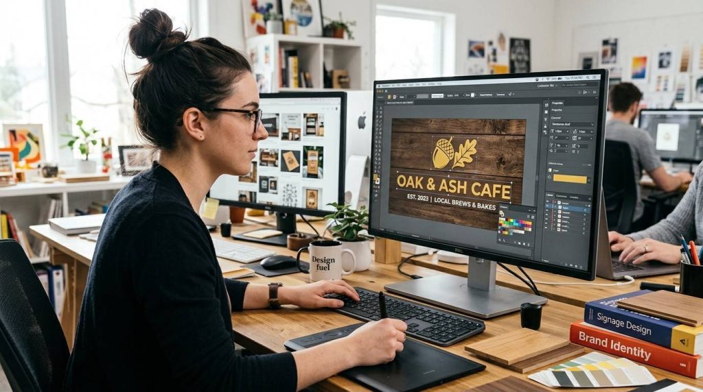 Graphic designer creating custom signs on a computer screen, adjusting fonts, colours, and logo placement for business signage design.