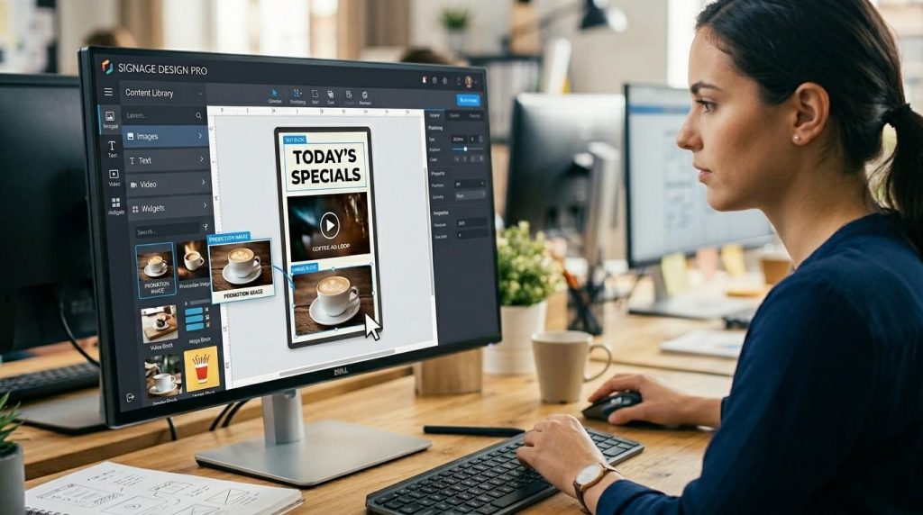 (A close-up view of a user designing a digital signage layout on a computer screen using a drag-and-drop interface, arranging images, text blocks, and video elements into a structured display template.)digital signage software