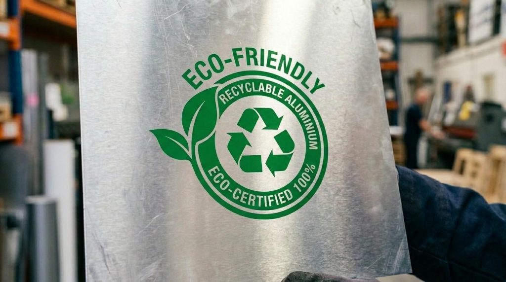 Eco-friendly aluminium outdoor sign with recyclable material symbol, representing sustainable and durable signage options for businesses.