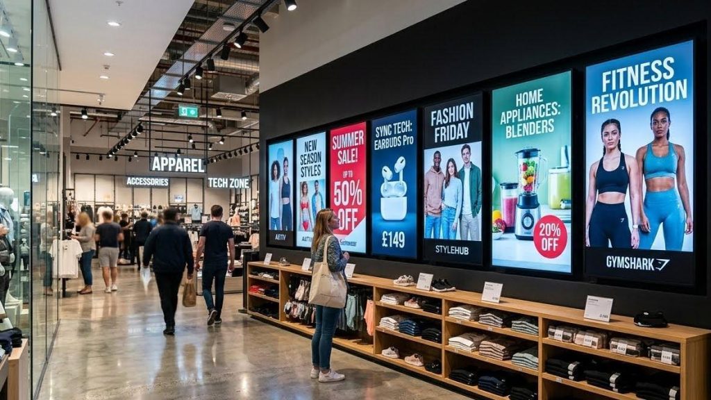 Retail digital signage screens showing targeted promotional content to customers, helping measure engagement and sales impact.