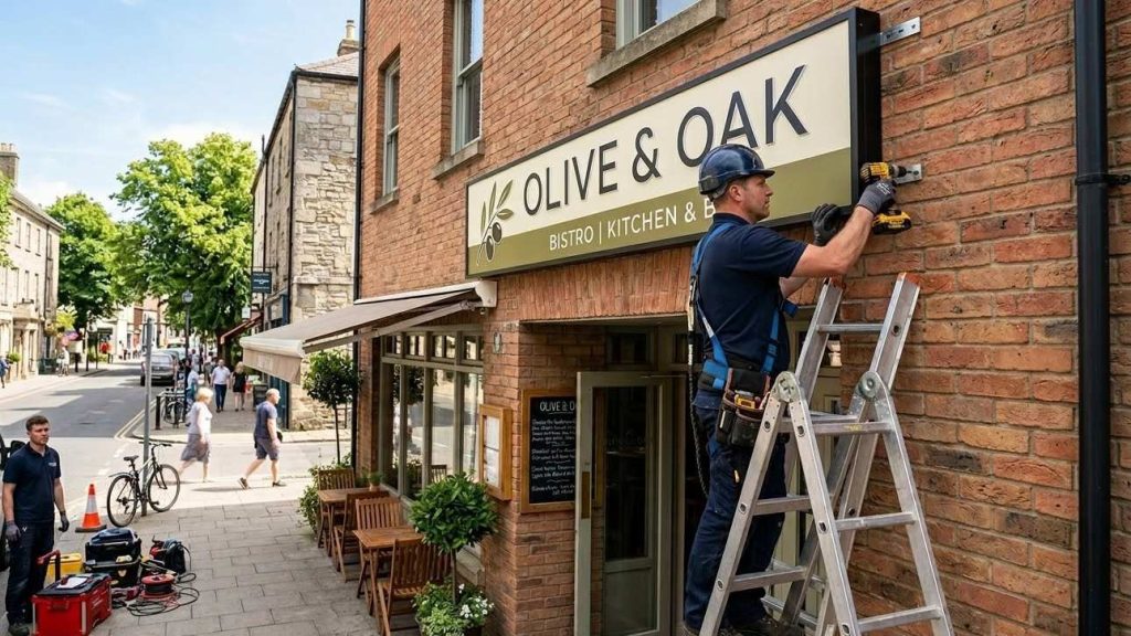Professional installation of outdoor business signage showing wall-mounted fascia sign being securely installed on a UK retail shop front.