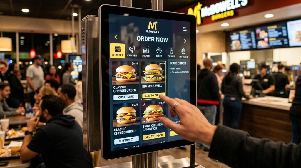 A close-up of a touchscreen digital signage display in a fast food restaurant showing interactive menu options and product categories.