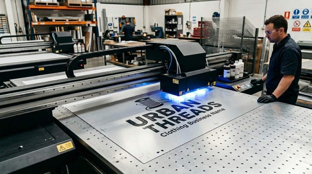UV direct metal sign printing process showing flatbed printer applying ink onto aluminium sheet with precision for durable printed metal signs.